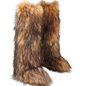 ⚡Womens Brown Faux Fur Boot Winter Fluffy Long Outdoor Fuzzy Knee High Boots